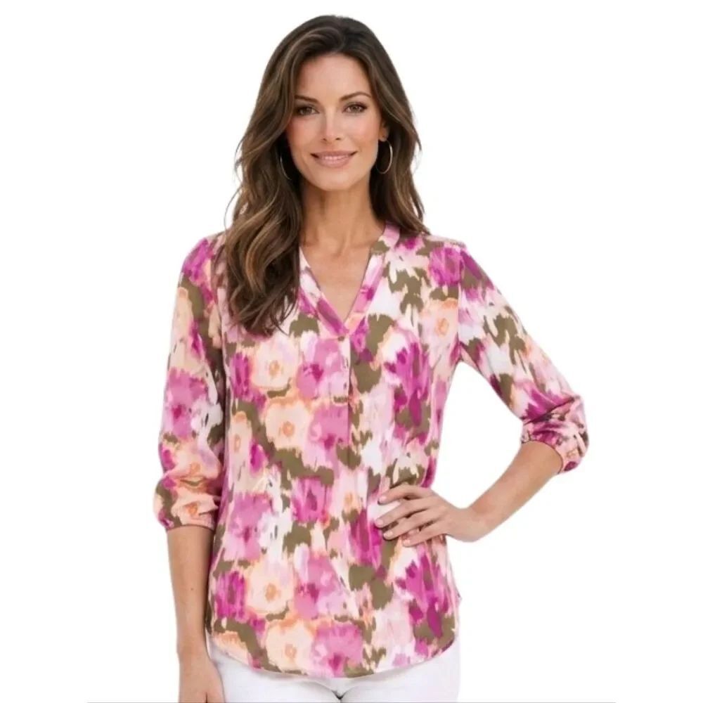 Jones New York Watercolor Pink & Orange Floral V-neck Linen Blend Blouse Size M